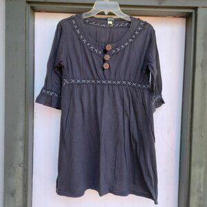Kathmandu Imports Gray Boho Tunic w/ Embroidery & Wooden Buttons 3/4 Sleeve XS/S